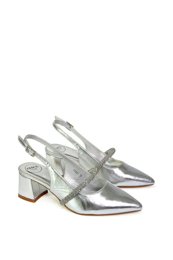 XY LONDON Slingback Strappy Pointed Toe Diamante Mid Block Heels