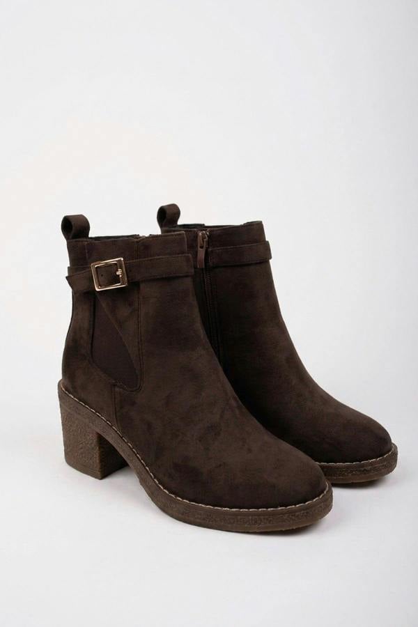 Saoirse Faux Suede Block Heel Boots - Brown