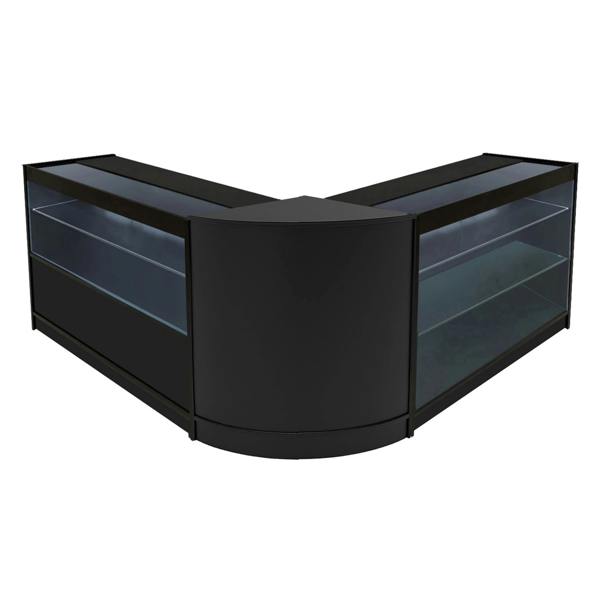 Sleek black Hera LED shop counter set featuring curved design, glass display shelves, and modern aesthetic for retail spaces