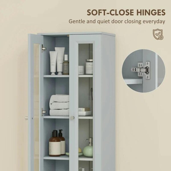 Tall Bathroom Storage Cabinet, 6-Tier Slim Bathroom Cabinet with Adjustable Shelf, 4 Soft-Close Doors, Dusty Blue