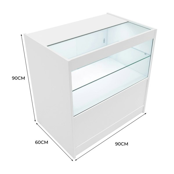 LED retail shop counter C900 in sleek white, featuring a glass display top and spacious storage, measuring 90cm x 60cm x 90cm