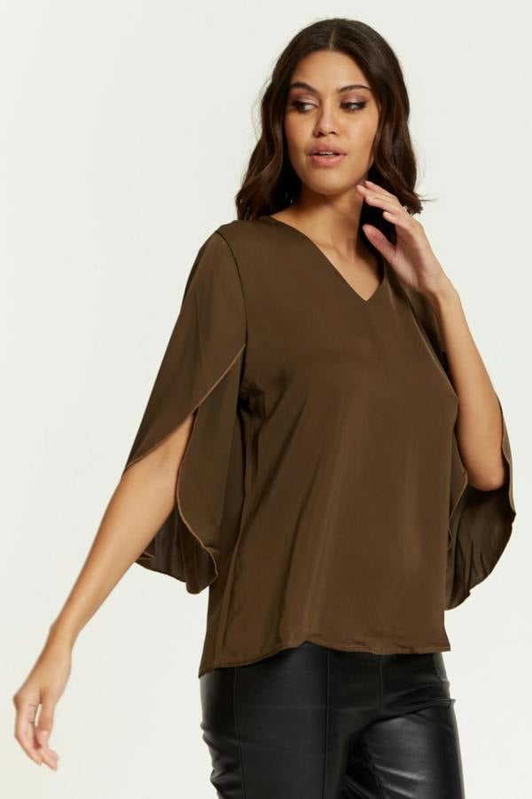 Hoxton Gal Oversized V Neck Top with Split Sleeves in Khaki