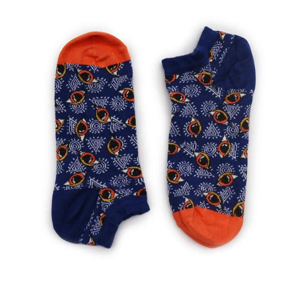 Low-cut bamboo socks in navy blue with orange accents and geometric eye-like pattern