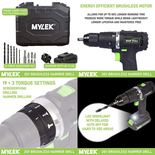 Mylek Cordless Drill 20V Brushless Driver Impact Hammer Action Combi Set with 50 Piece Accessory Set