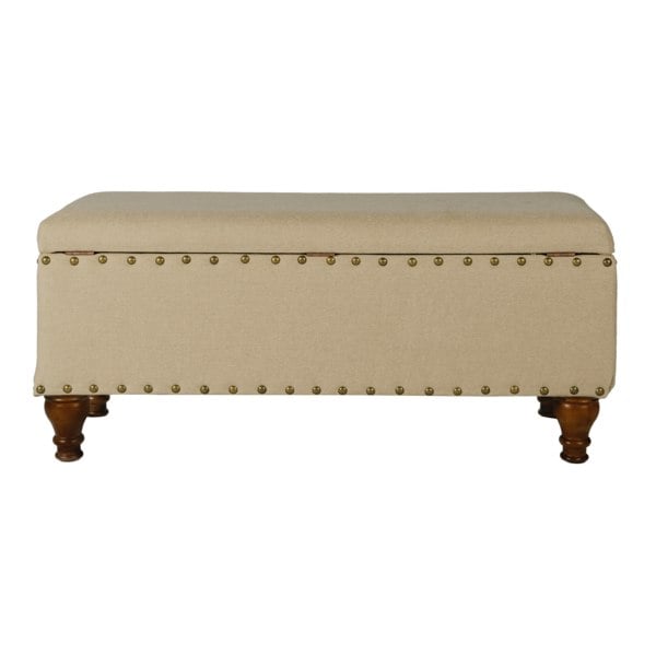 Luxury Living Chelsea Storage Ottoman Bench - Tan/Brass Upholstered with flip lid