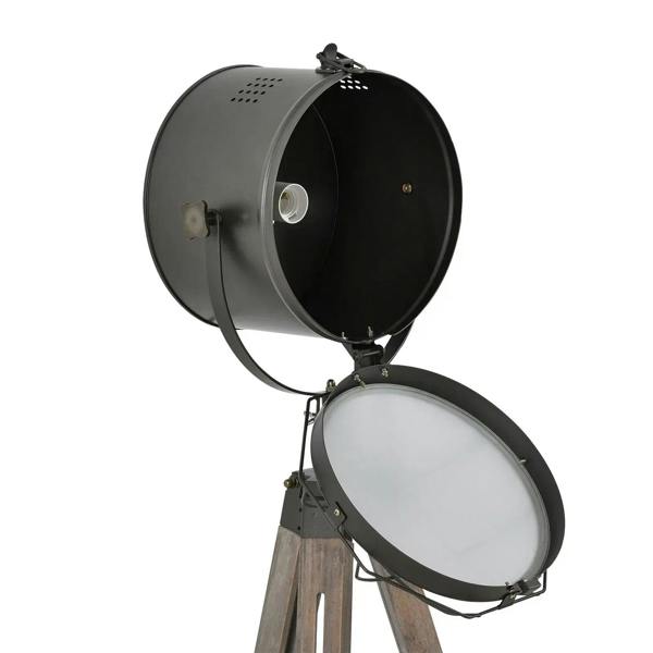Grey spotlight floor lamp with open adjustable shade and wood tripod legs