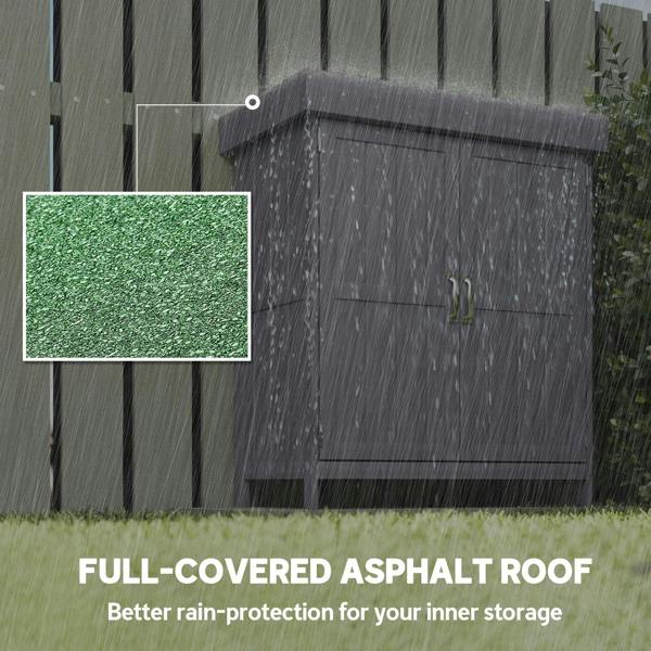 Dark gray asphalt-covered roof panel on outdoor storage shed for rain protection