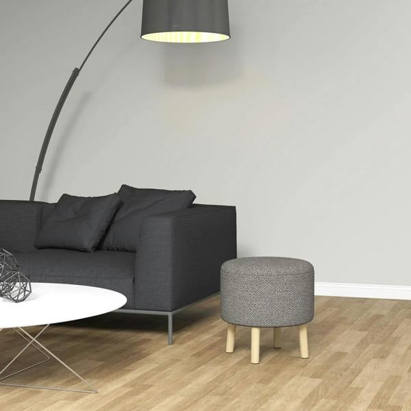 Light grey round storage ottoman with fabric seat and wooden legs
