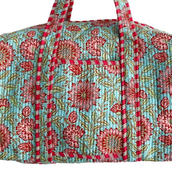 Hayley & Co Blue and Pink Floral Cotton Quilted Weekend Duffle Bag