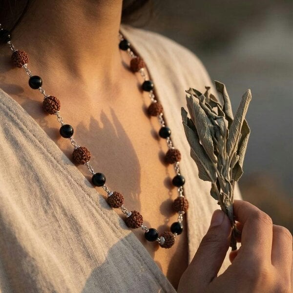 The Colourful Aura Silver Plated Rudraksha & Black Spiritual Necklace