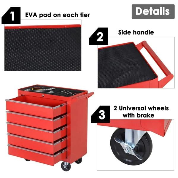 Red tool chest detail: EVA-lined tiers, side handle, and braked caster wheels