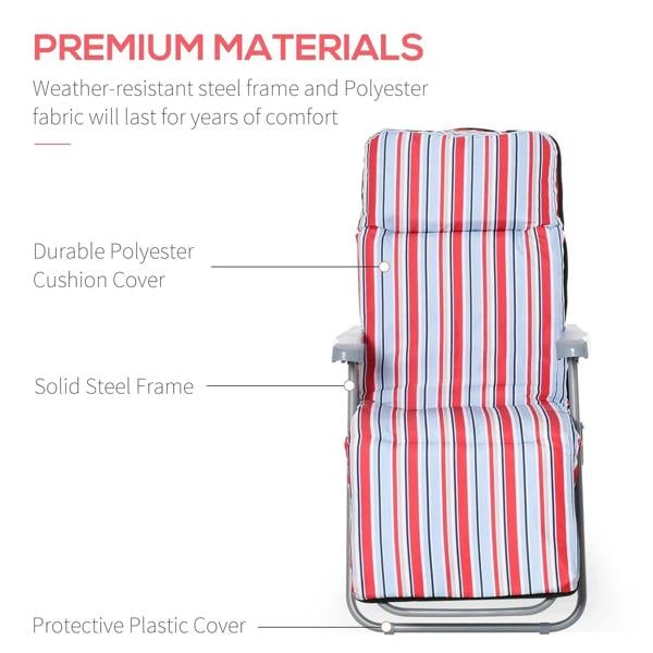 Upright folding lounger chair with striped red, white, and blue cushion on a steel frame