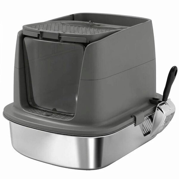 Large Stainless Steel Litter Box, Enclosed Metal Cat Litter Tray with Scoop, Deodoriser Bag, Front-Entry and Top-Exit
