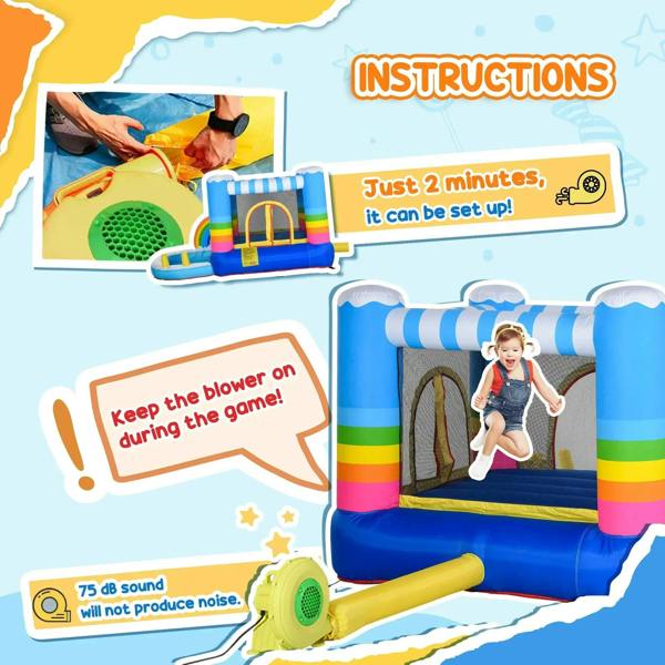 Inflatable bounce house with air blower, rainbow arches, and blue base for setup