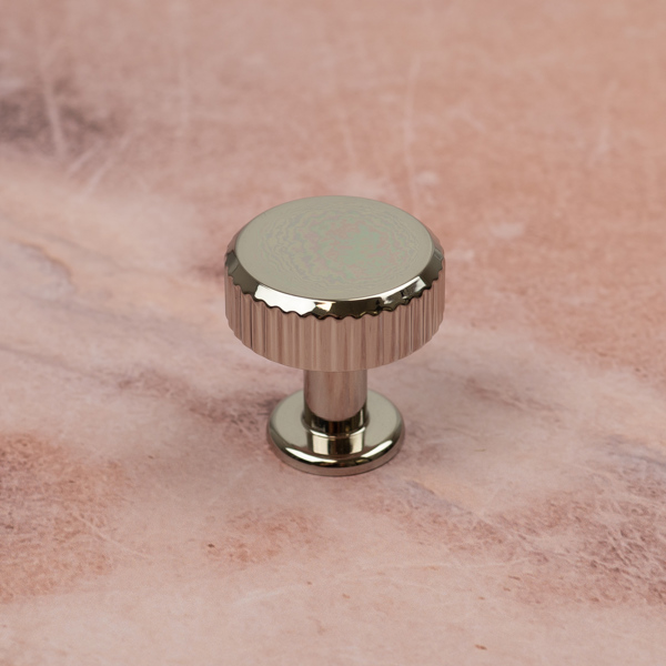 Handle & Home Bright Nickel Reeded Cabinet T-Bar Handle and Coordinating Disc Knob