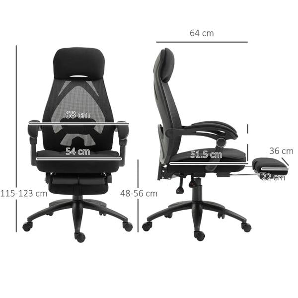 Black office chair with adjustable arms and footrest, shown in side view