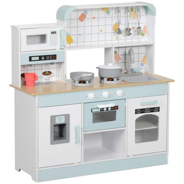 White kids toy kitchen playset with stovetop, oven, microwave, sink and faucet