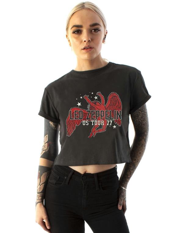 Amplified Clothing Womens Grey Led Zeppelin Cropped Short Sleeved T-Shirt