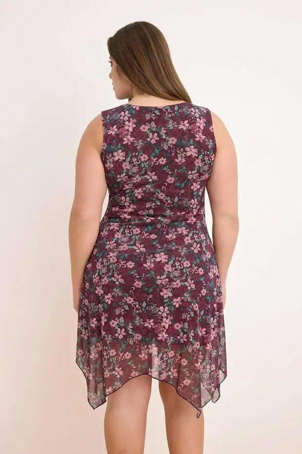 WOVCOR Floral Patterned Tulle Knitted Plus Size Dress