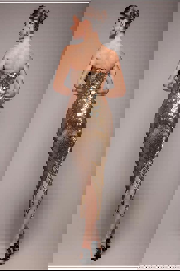 Liquid Sequin Boobtube Midaxi With Corsage - Gold DR4126