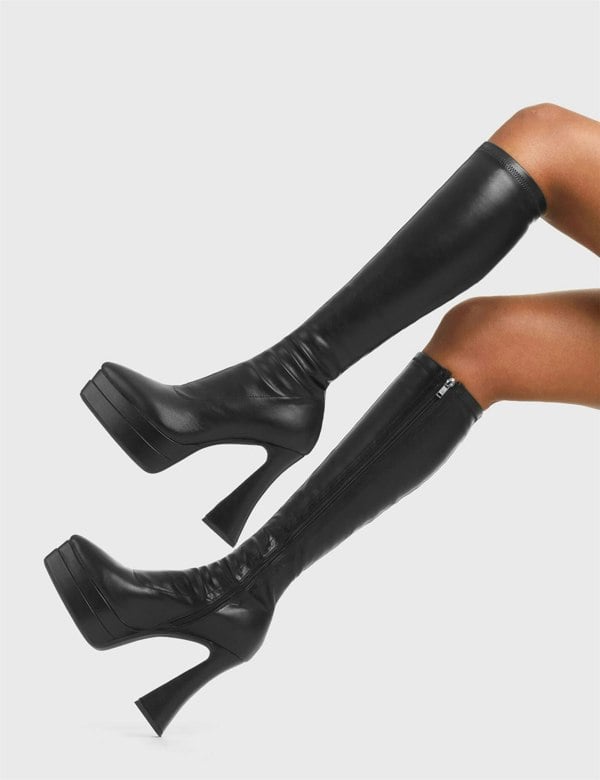 Lamoda Alter Ego Platform Knee High Boots Black PU Stretch, Fashion Boots