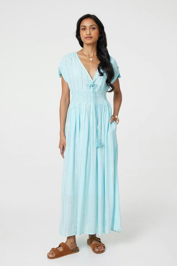 Light Blue | Striped Cap Sleeve Empire Maxi Dress