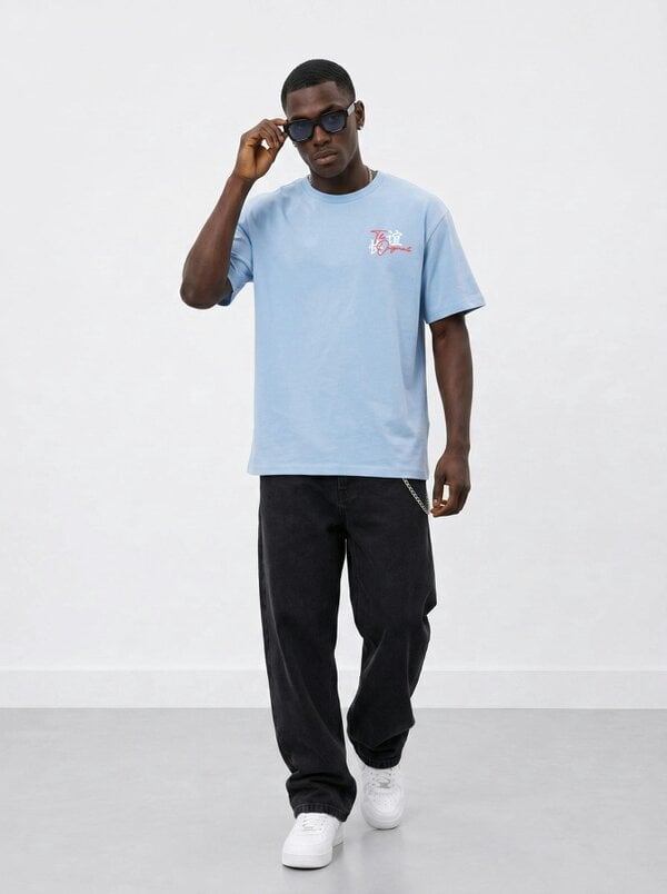 London Attitude Tokyo Dragon Premium Organic Cotton Relaxed Fit T-Shirt - Sky Blue