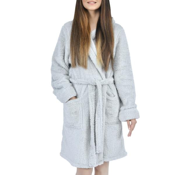 Smart Living Women's Faux Fur Fleece Hooded Bathrobe- Grey