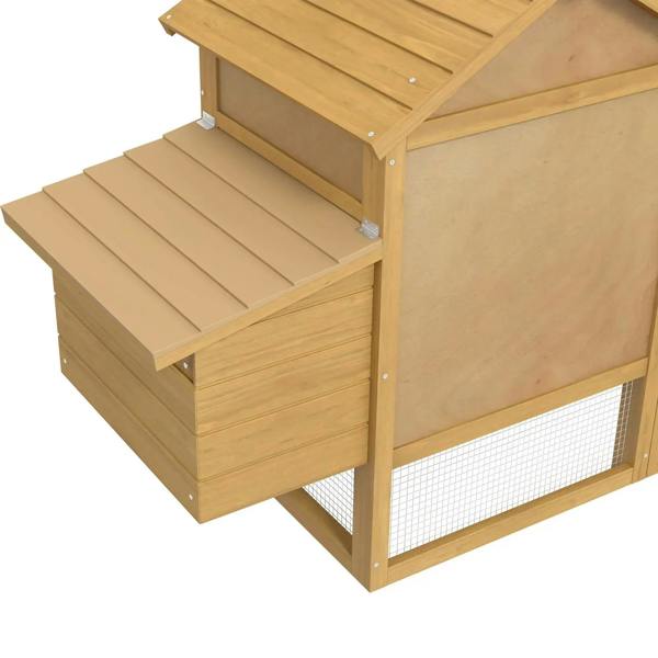 Wooden coop roof section with hinged lid over nesting box, with mesh side panel