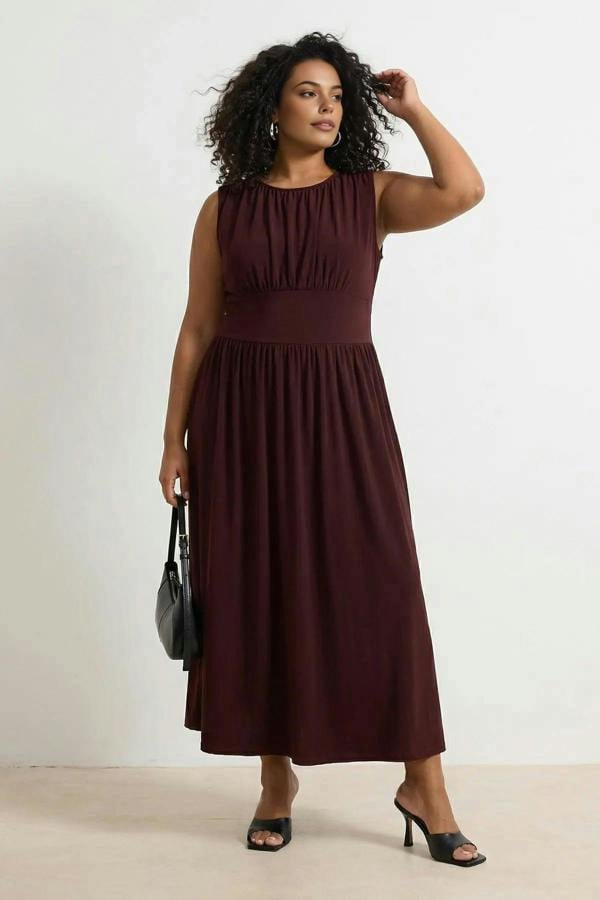 WOVCOR Crew Neck Gathered Detail Maxi Knitted Plus Size Dress