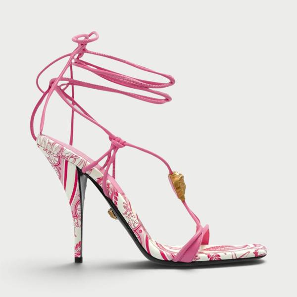 Supplied Fashion pink and white square-toe heeled sandals with lace-up ankle ties and gold Medusa hardware.