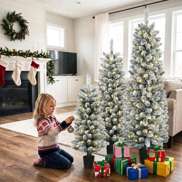 Bobobiy Prelit Snowy Flocked Artificial Christmas Tree Set of 3, Slim Xmas Tree with PVC Tips, 3FT+4FT+5FT