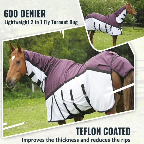 eQuitack 600D 2 in 1 Waterproof Fly Turnout Mesh Horse Rug Fixed Neck Burgundy/White 5'6''