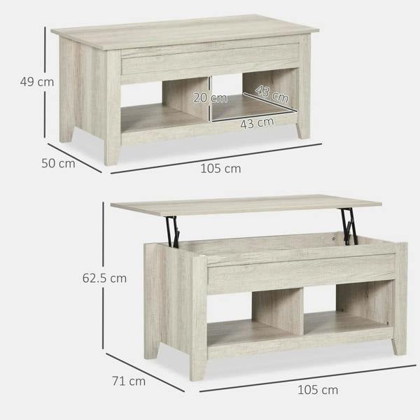 Lift-top coffee table with open shelves and hidden compartment, light oak-effect finish