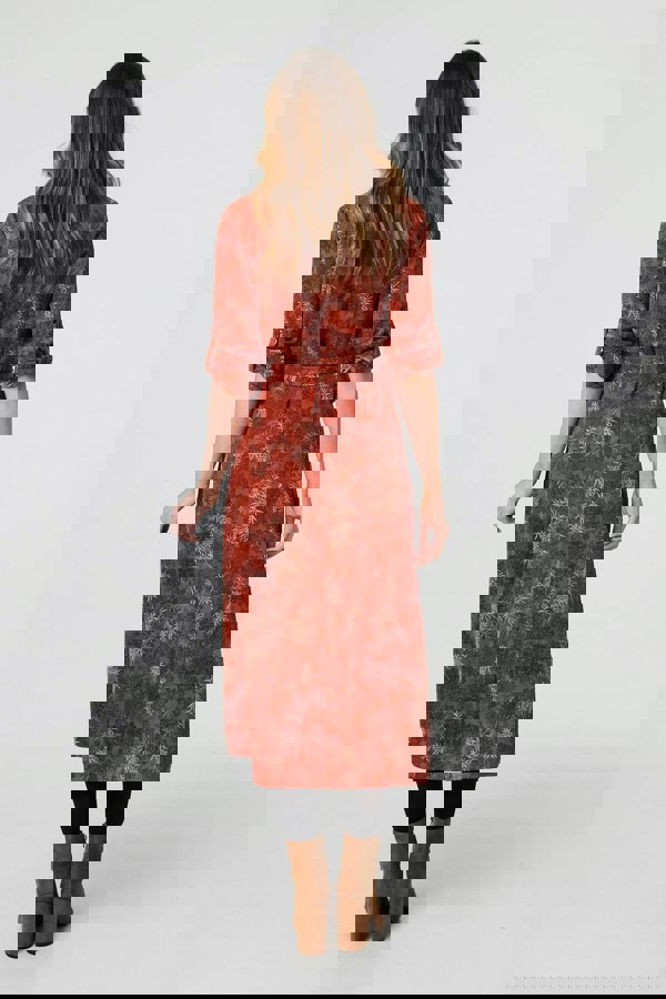 Orange | Leaf Print Tie Waist Midi Shirt Dress
