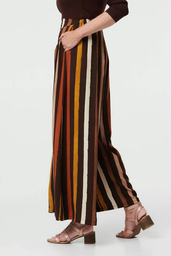 Brown | Striped High Waist Wide Trousers