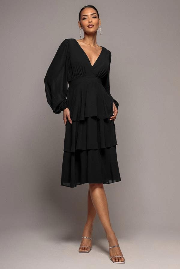 Tiered Chiffon Wrap Midi Dress - Black DR4907BBS