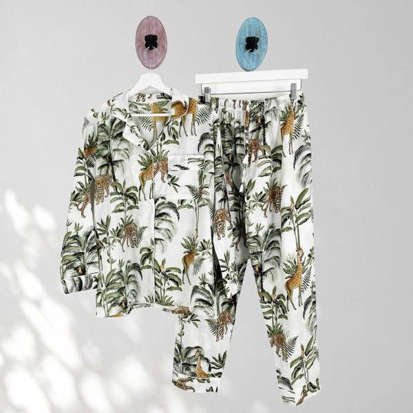 Hayley & Co Giraffe Print 100% Cotton Long Pyjama Set in White
