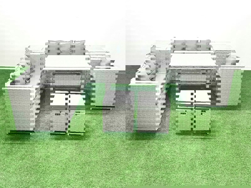 Fimous 8 Pieces Outdoor Rattan Sofa Set with Cushions Patio Garden Furniture Sets with Armchair Dining Table 2 Side Tables 2 Small Footstools
