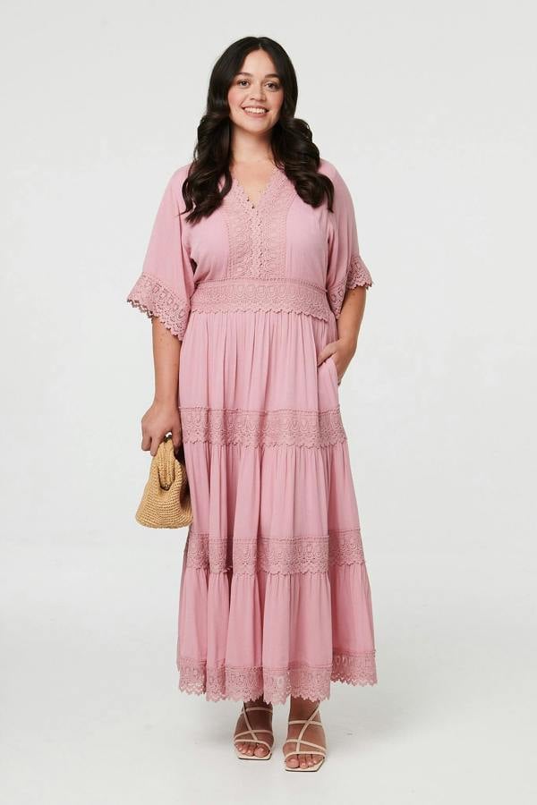 Pink | Curve Tiered Lace Trim Maxi Dress
