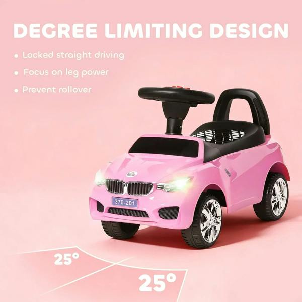 Pink ride-on toddler car with black seat, steering handle, front grille