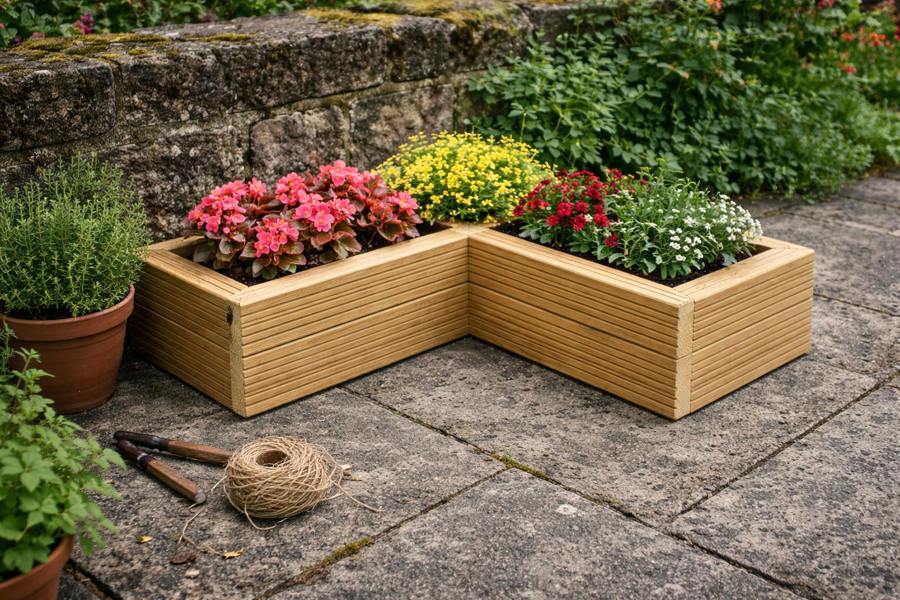 L-shaped decking corner planter in garden patio setting with flowers planted