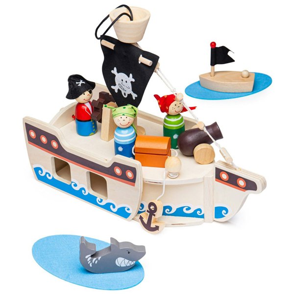 Bigjigs Toys Wooden Mini Pirate Ship Playset - Includes 10 Play Pieces