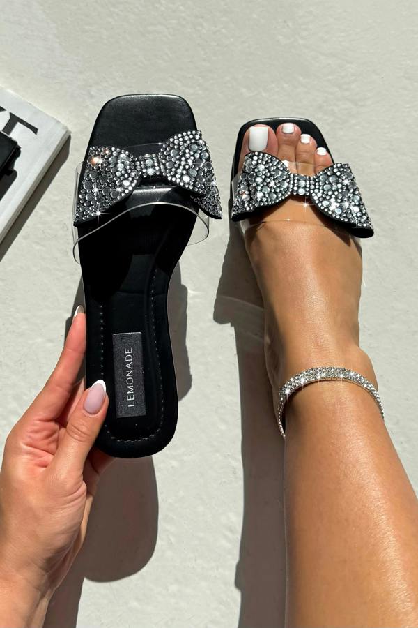 Love Lemonade Sparkle Glam Bow Jelly Strap Sliders Black