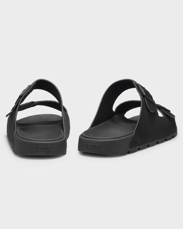 Pair of BOSS Orange Surfley Mens Twin-Strap Slides with Branded Buckles in Black 001 - Back