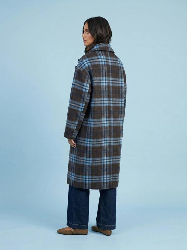 Urban Bliss Check Collared Longline Coat Blue Pattern