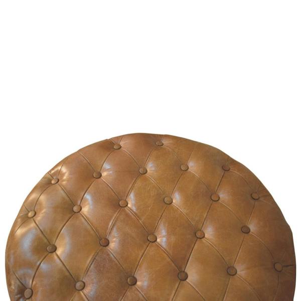 Artisan Furniture Solid Wood Brown Buffalo Leather Round Ottoman with Castor Legs
