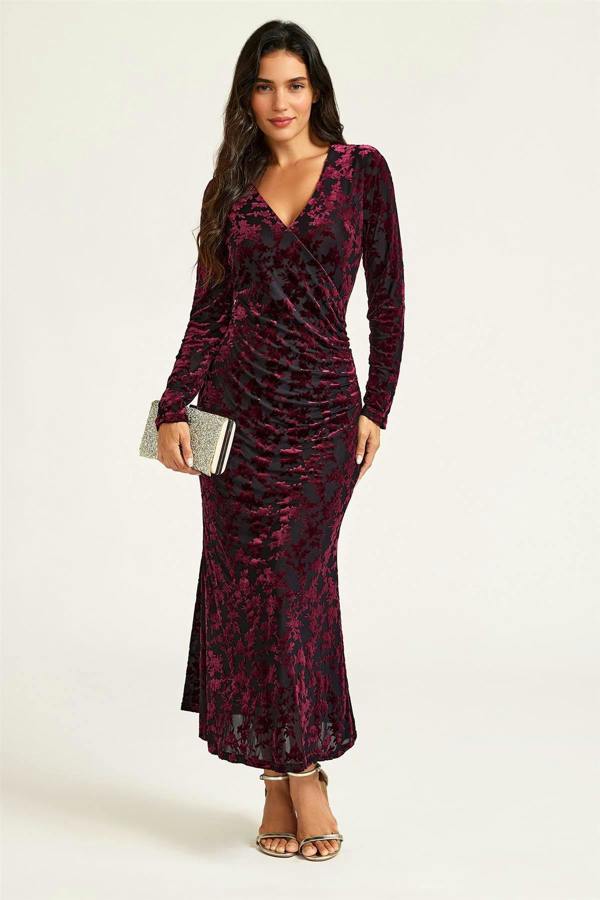 FS Collection Wine Floral Velvet Devore Long Sleeve Wrap Midi Dress In Black