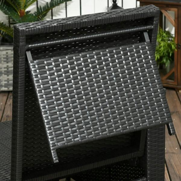 Black wicker sun lounger end panel with woven back and black fabric cushion