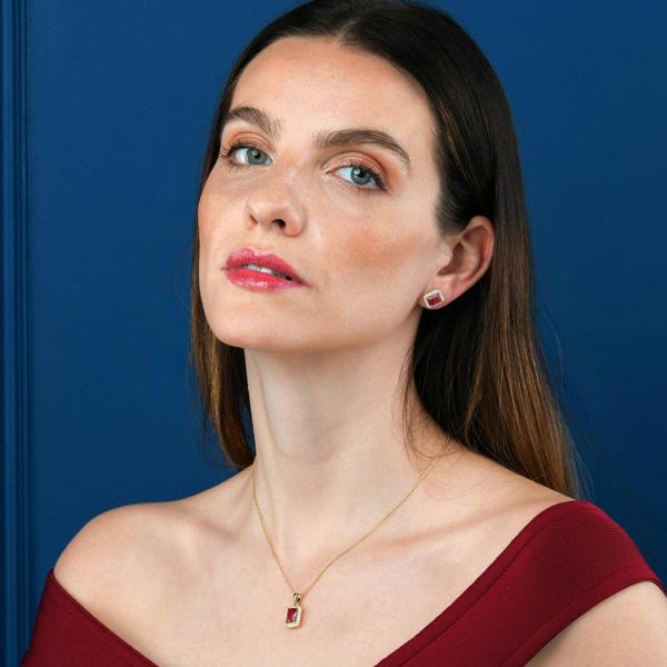 namana Gold Plated 925 Sterling Silver Red Rectangle Halo Pendant Necklace For Women